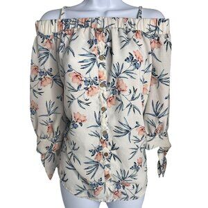 iZ Byer Women's Beige Floral Spaghetti Strap Three Quarter Sleeve Top Size L